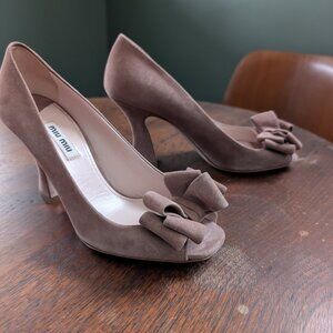 MIU MIU Womens Taupe Suede Ribbon High Heel Peep-Toe size 37.5